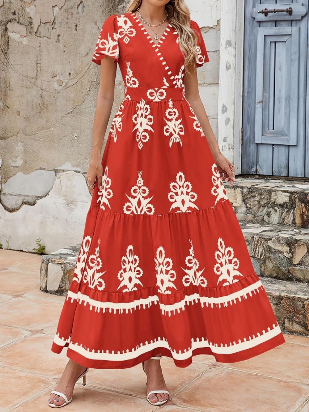 Red/Orange Floral Print Maxi Dress by - Picture 2 of 11